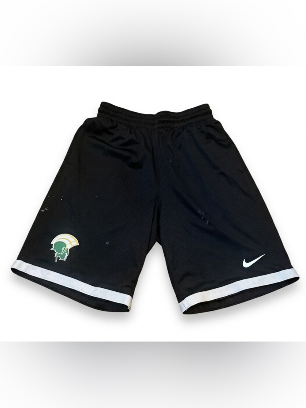 Nike Black Athletic Shorts with White Hem and Green Helmet Patch
